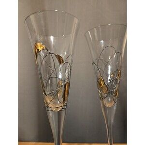 2 Romania Milano Crystal Gold & Black Champagne Flutes Wine Glasses, 11"